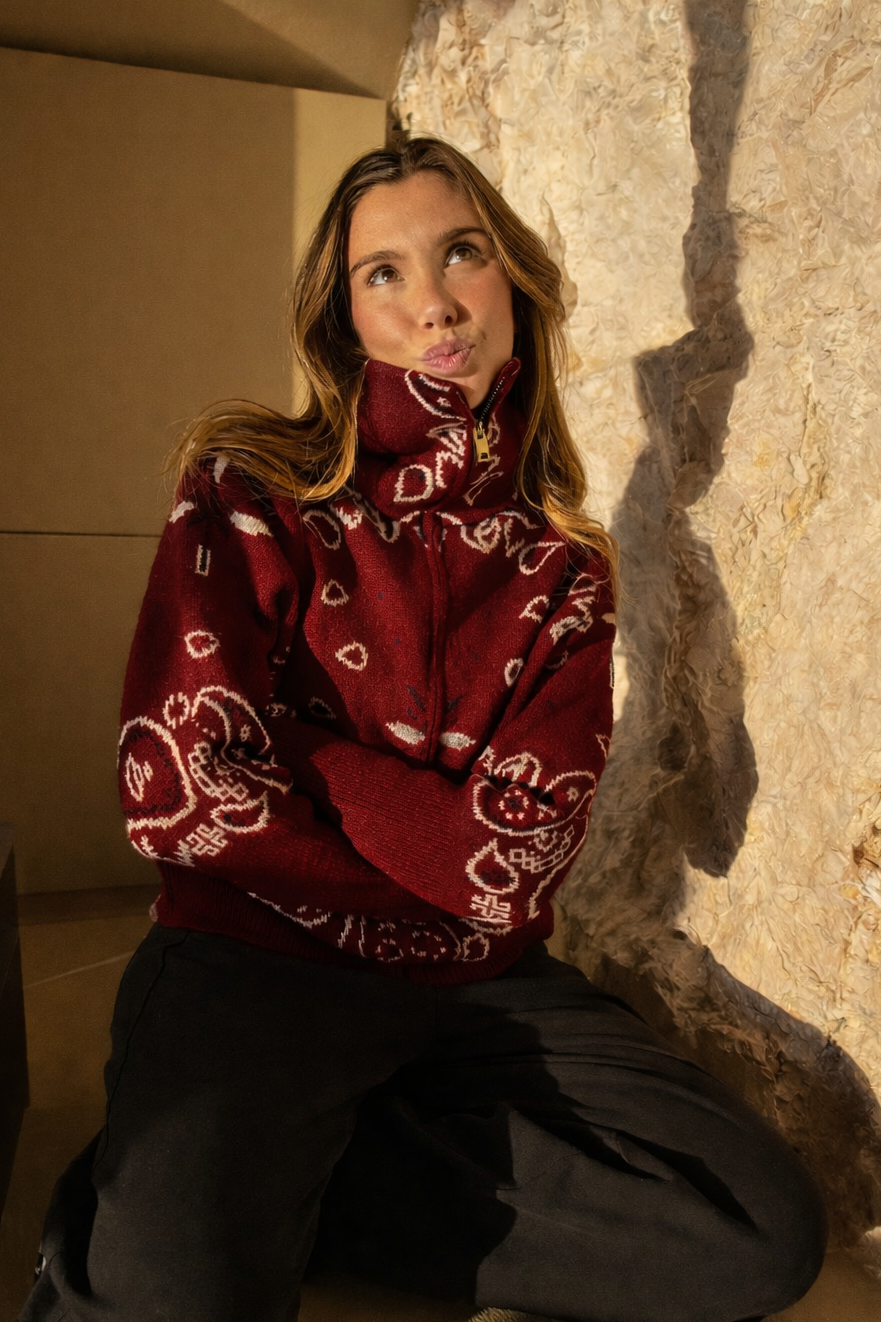 Women's Paisley Zip Up Cardigan High Collar Long Sleeve Everyday Layering