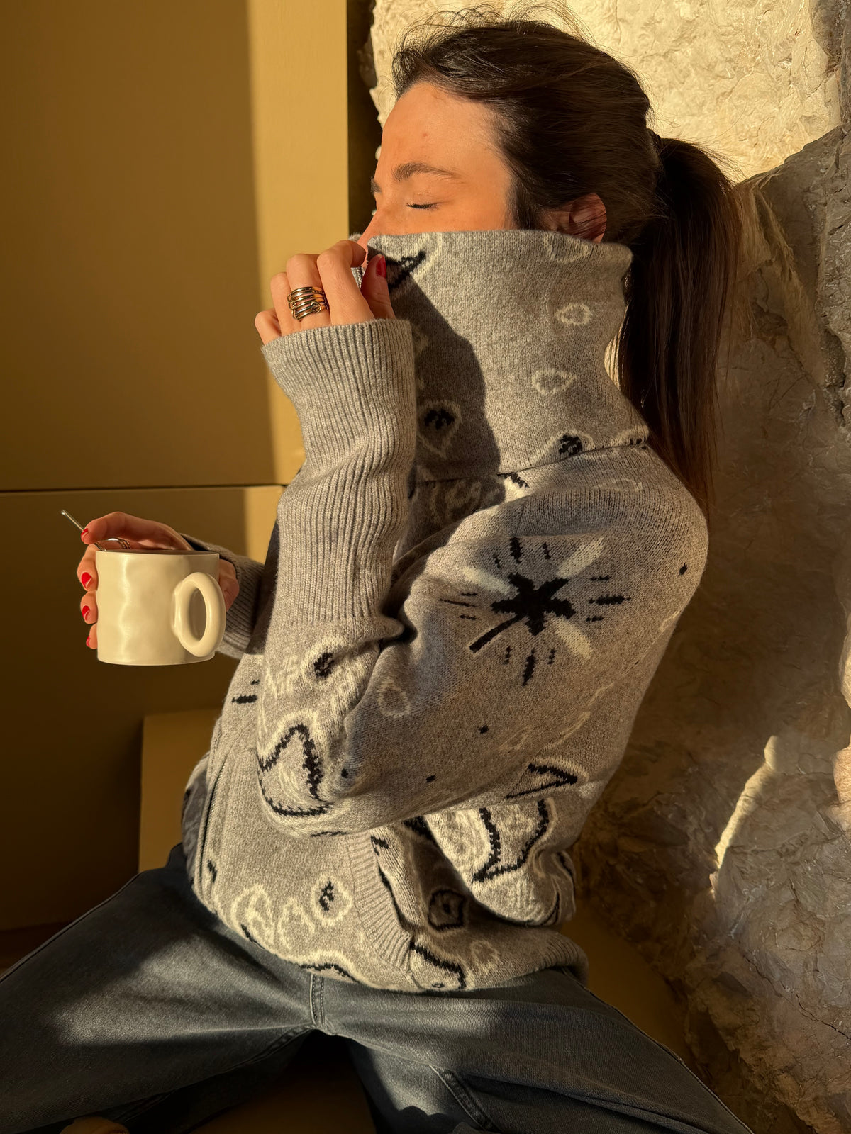 Women's Paisley Zip Up Cardigan High Collar Long Sleeve Everyday Layering
