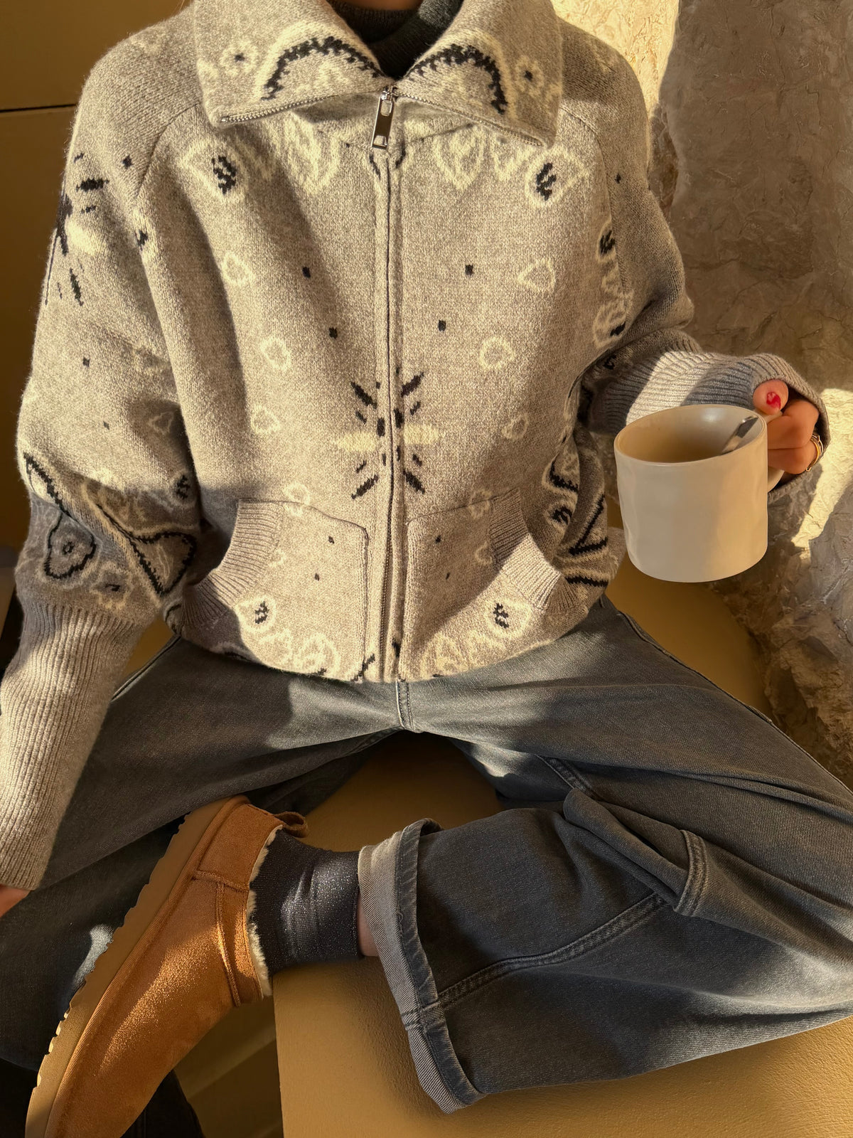 Women's Paisley Zip Up Cardigan High Collar Long Sleeve Everyday Layering
