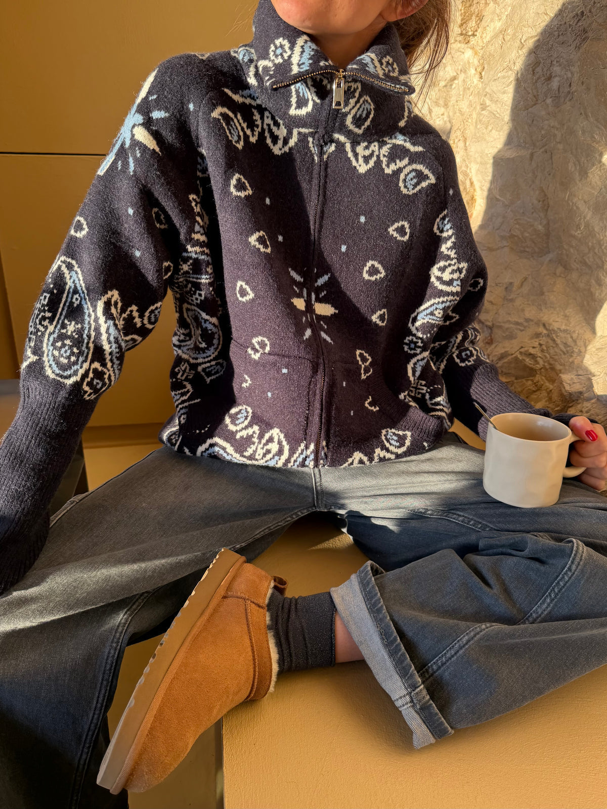 Women's Paisley Zip Up Cardigan High Collar Long Sleeve Everyday Layering