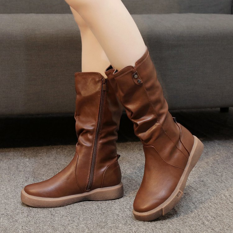 Women's Slouchy Mid-Calf Boots Side Zipper Round Toe Flat Winter Boots