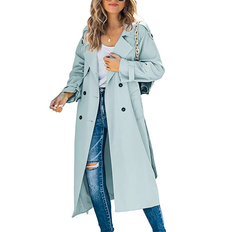 Women's Long Trench Coat Double Breasted Lapel Belted Casual Overcoat