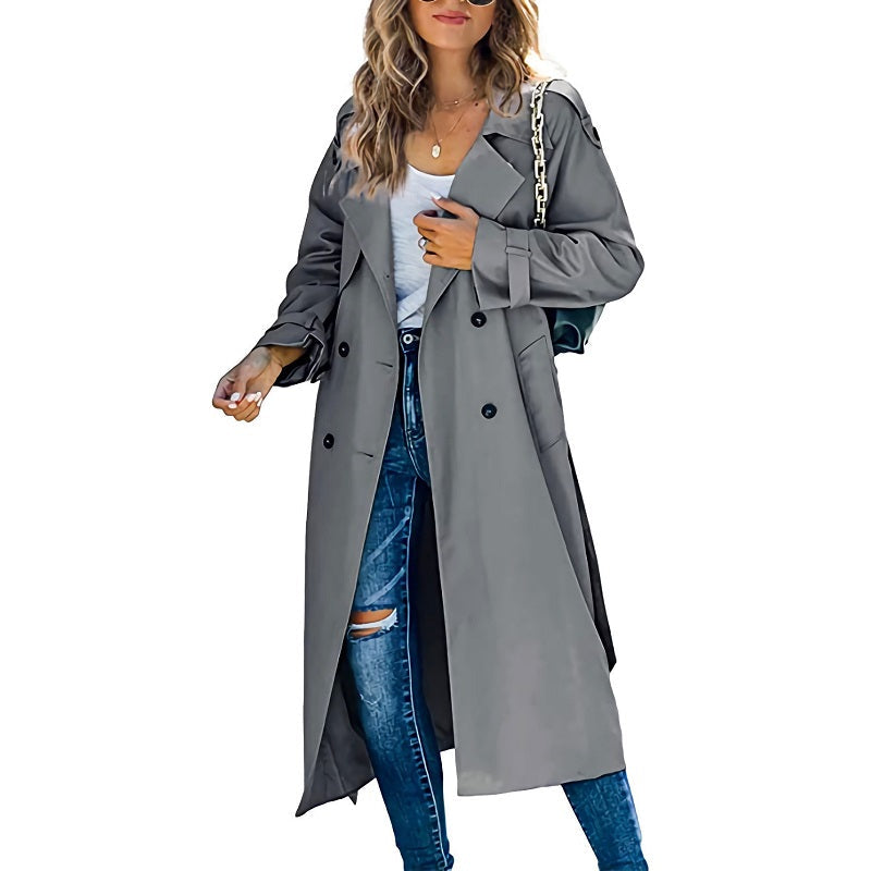 Women's Long Trench Coat Double Breasted Lapel Belted Casual Overcoat