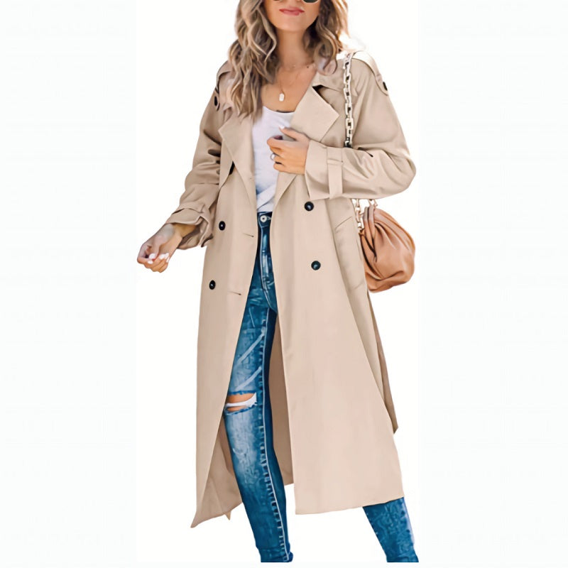 Women's Long Trench Coat Double Breasted Lapel Belted Casual Overcoat