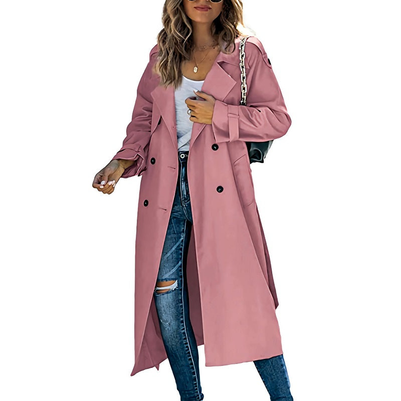 Women's Long Trench Coat Double Breasted Lapel Belted Casual Overcoat
