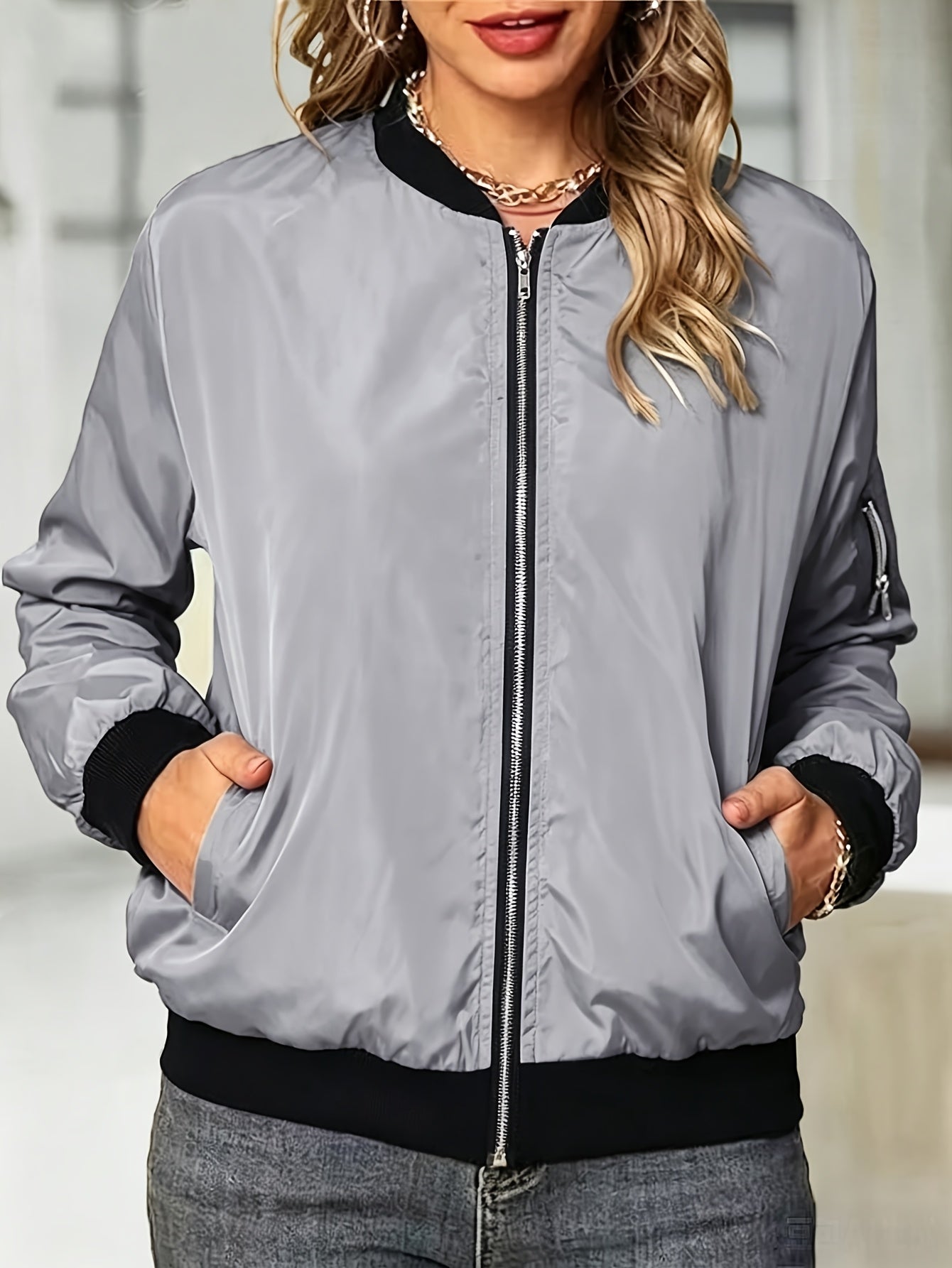 Women's Bomber Jacket Zip Up Ribbed Collar Long Sleeve Sleeve Pocket Casual Everyday