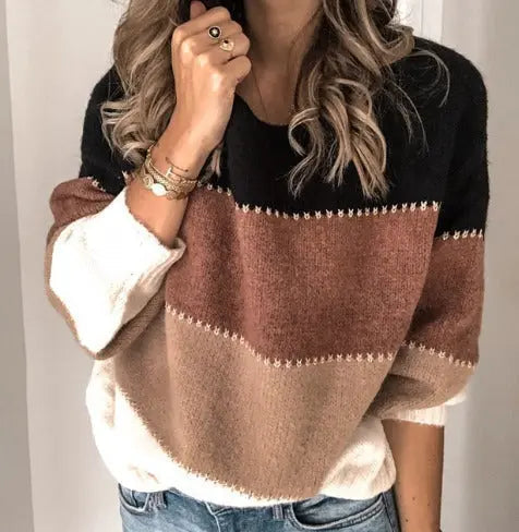 Women's Color Block Knit Pullover Sweater Crew Neck Long Sleeve Casual