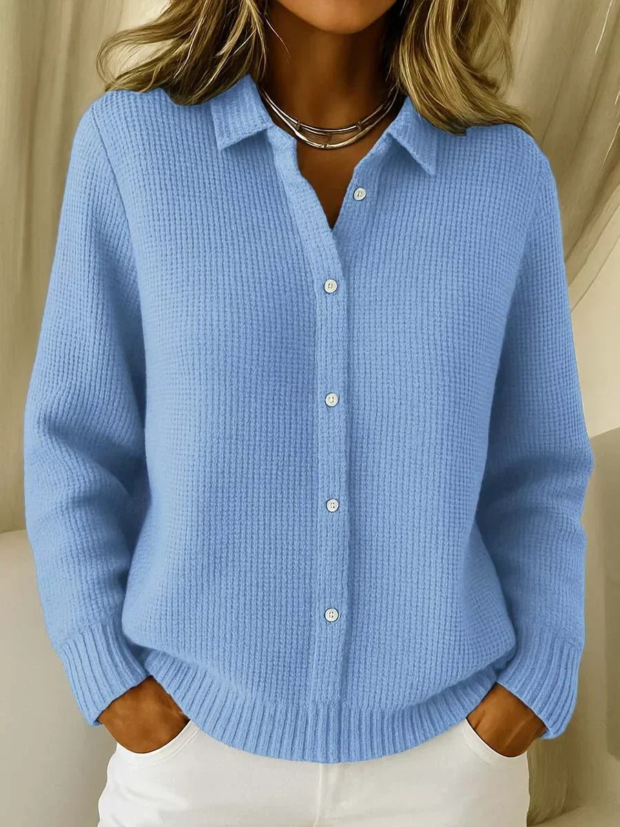 Women's Waffle Knit Button-Down Shirt V-Neck Long Sleeve Collared Casual Top