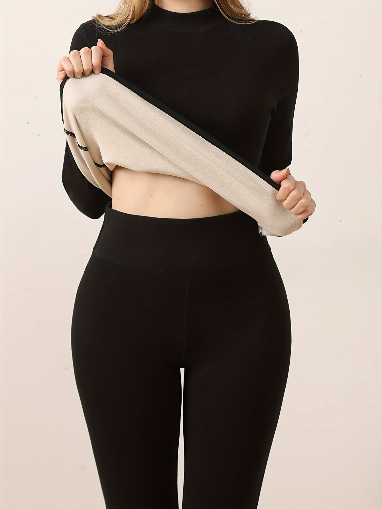 Women's Fleece-Lined Thermal Underwear Set High-Neck Long Sleeve Top and Pants 2pcs