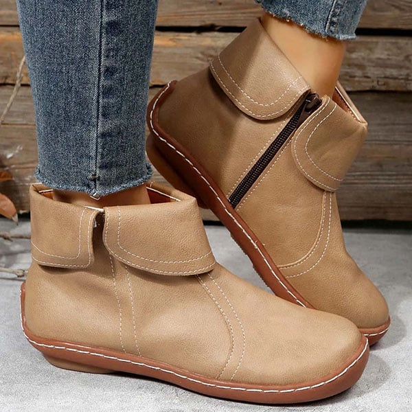 Women's Vintage Ankle Boots Side Zip Fold-Over Cuff Leather Casual
