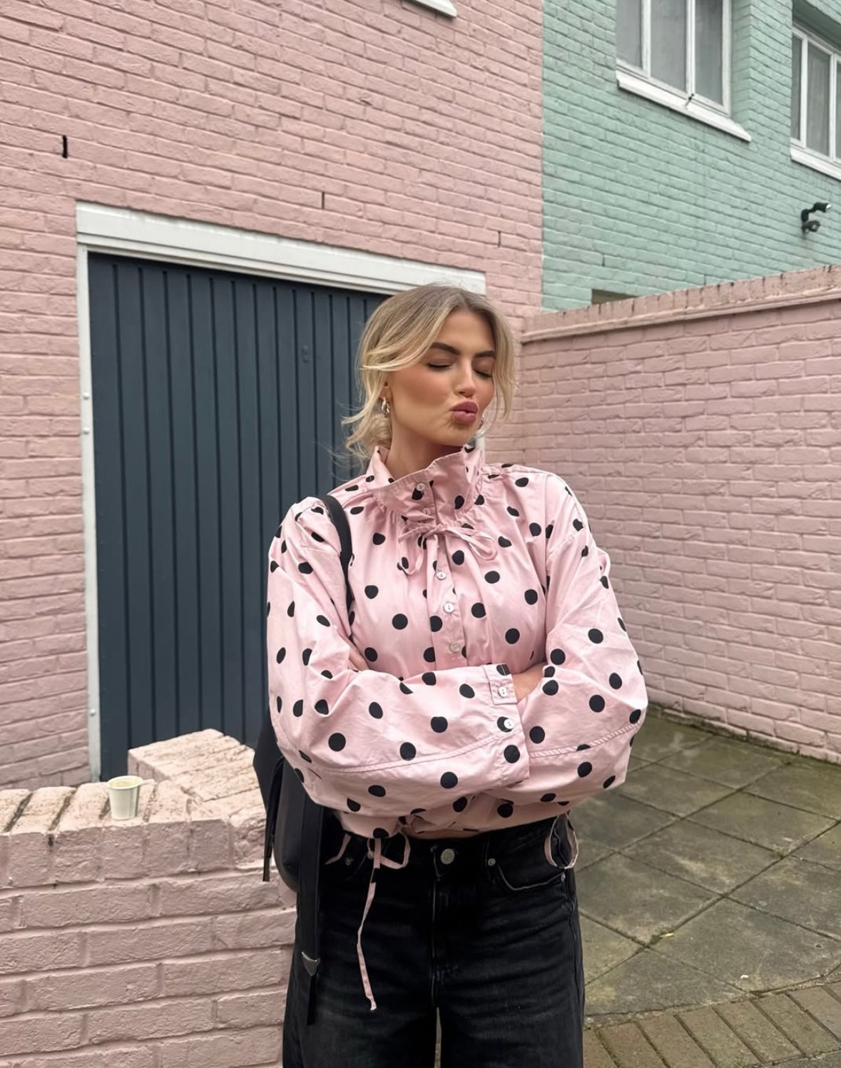 Women's Polka Dot High Neck Jacket – Puff Sleeve Drawstring Hem Casual