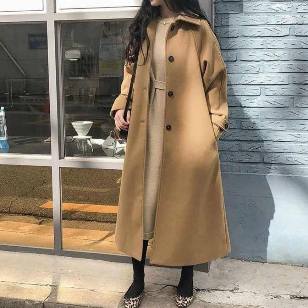 Women's Longline Trench Coat Belted Collared Single-Breasted Winter Overcoat
