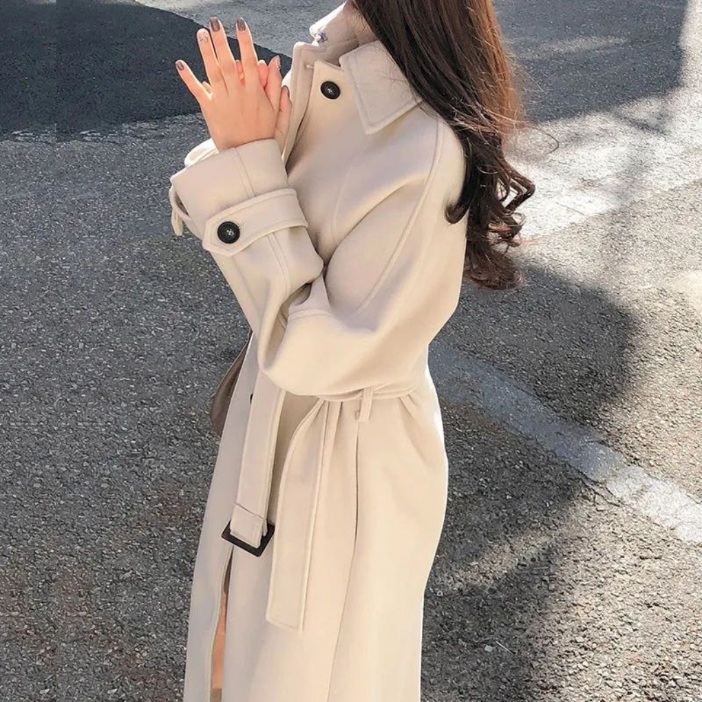 Women's Longline Trench Coat Belted Collared Single-Breasted Winter Overcoat