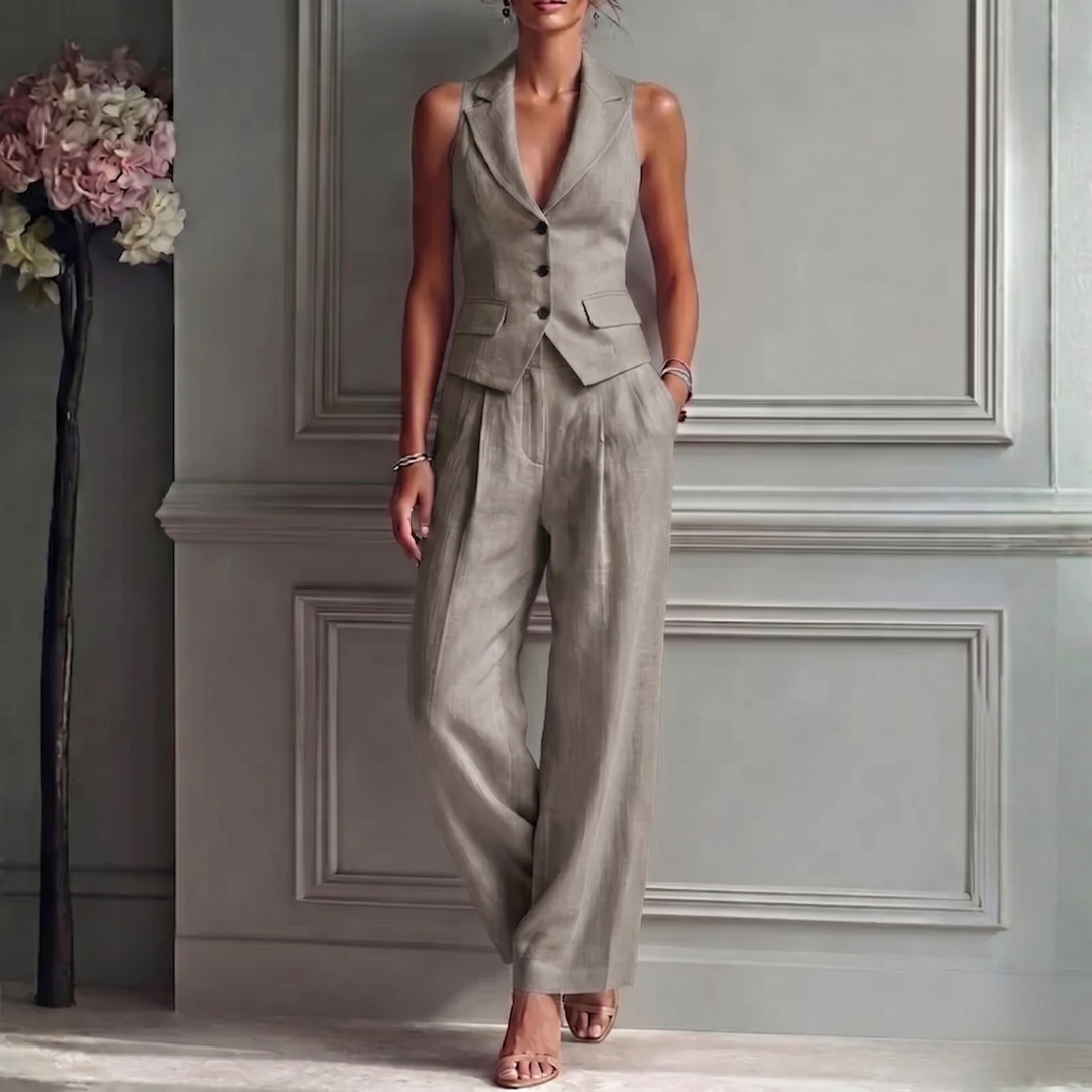 Women's Linen 2-Piece Set Sleeveless V-Neck Waistcoat Wide-Leg Pants