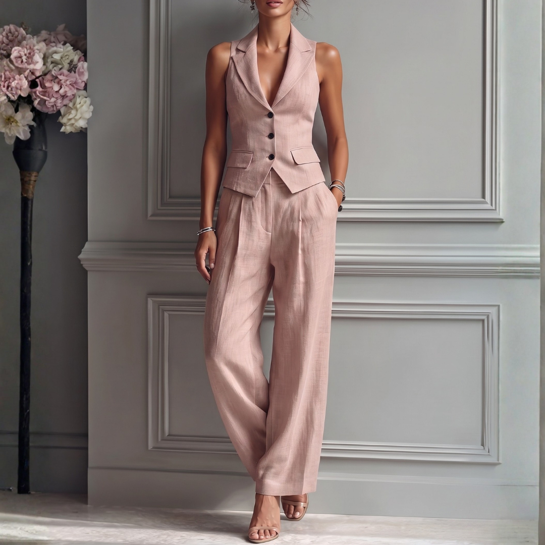Women's Linen 2-Piece Set Sleeveless V-Neck Waistcoat Wide-Leg Pants