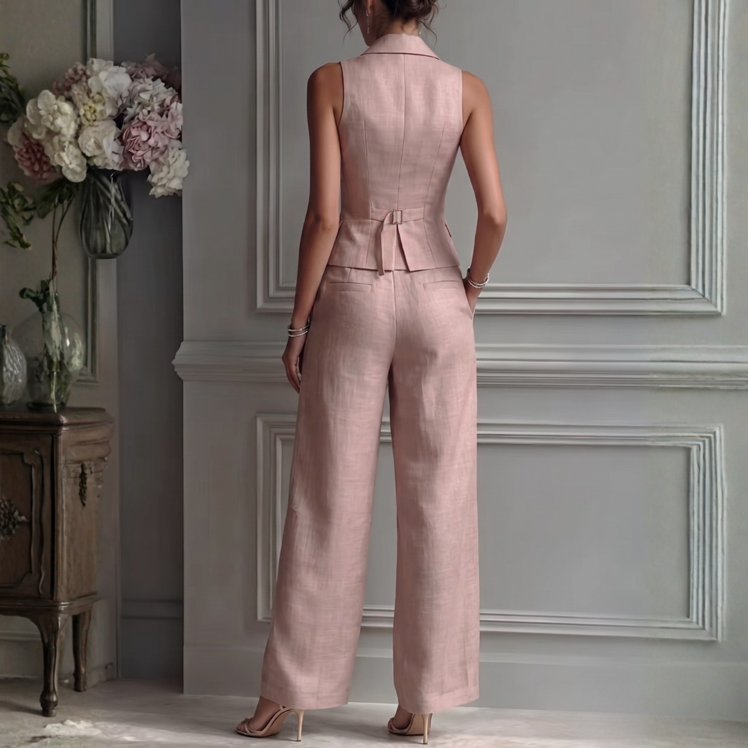 Women's Linen 2-Piece Set Sleeveless V-Neck Waistcoat Wide-Leg Pants