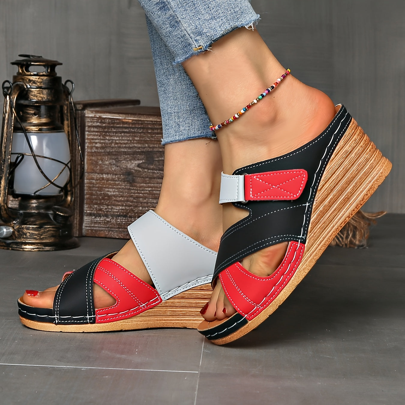 Women's Wedge Slides Two-Tone Cross Strap Open Toe Summer Sandals