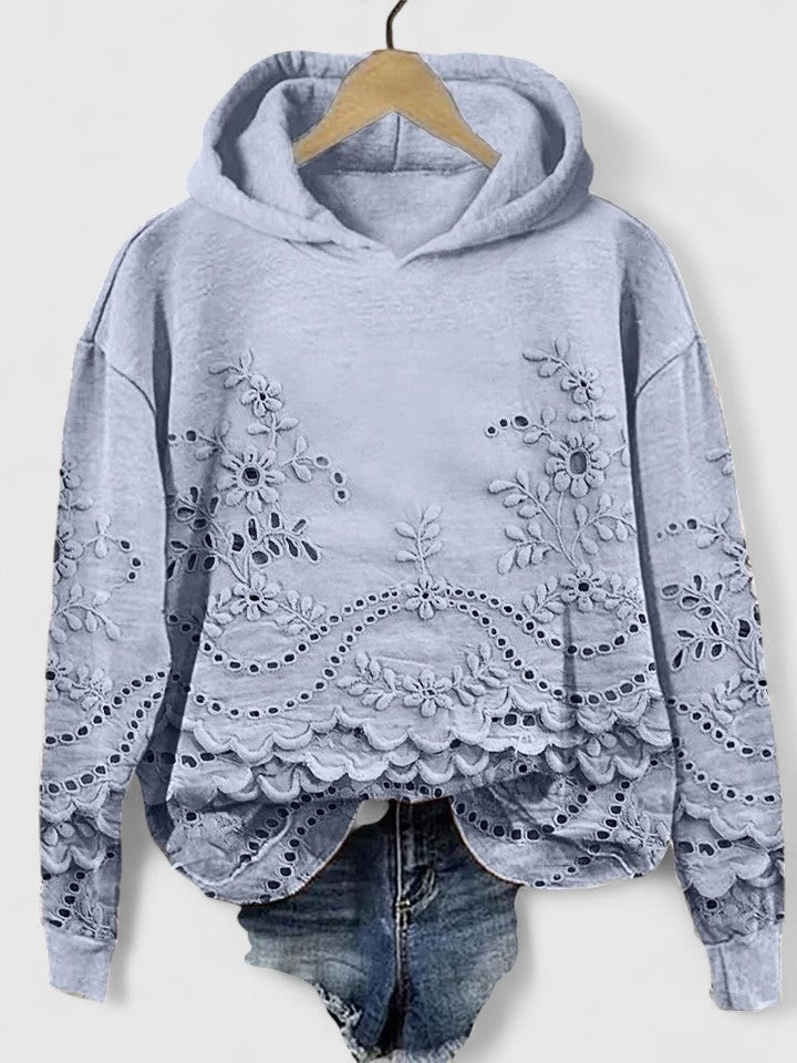 Women's Floral Embroidered Eyelet Lace Hoodie Long Sleeve Scalloped Hem Casual