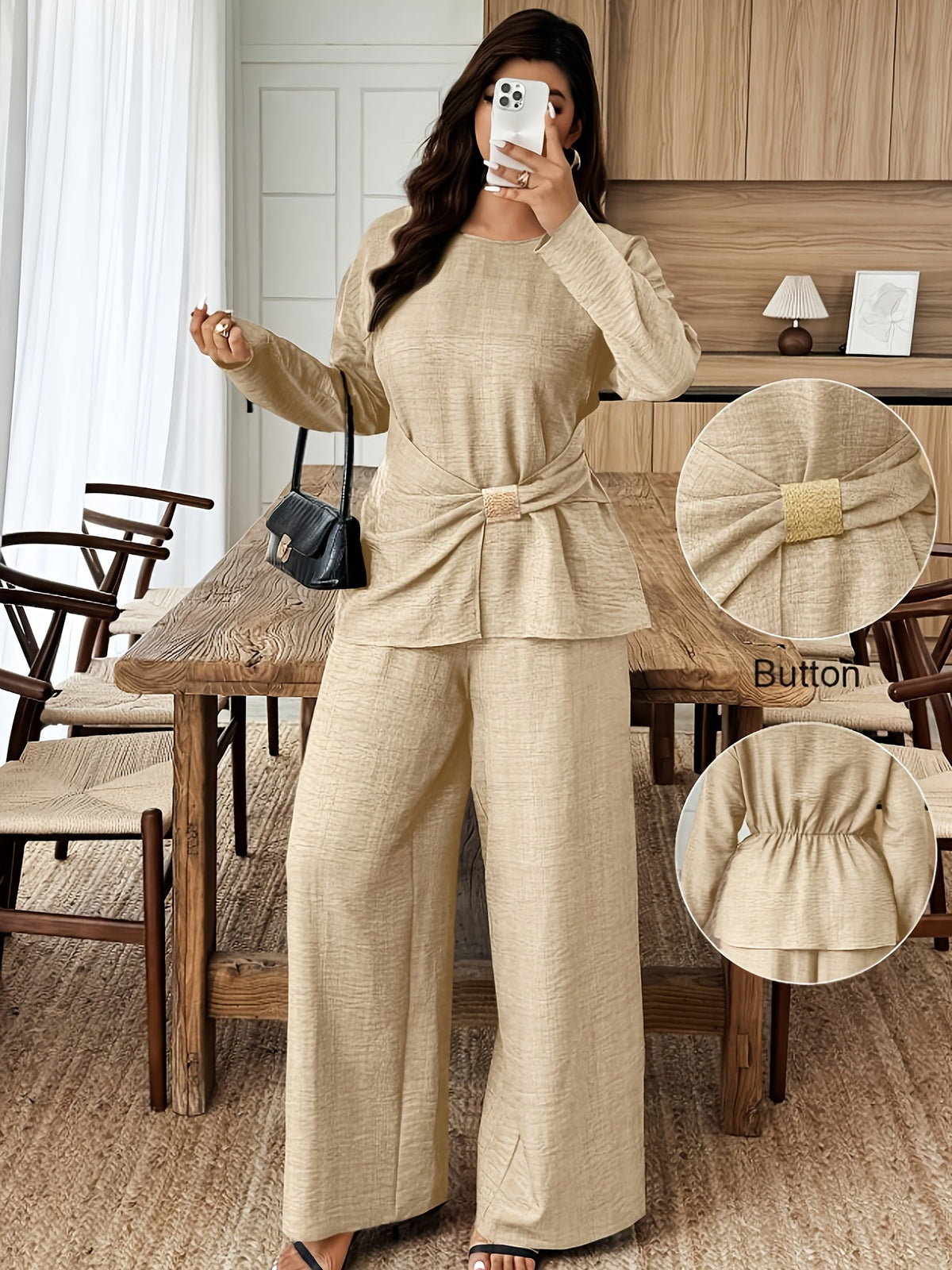 Women's Plus Size 2-Piece Set Waist-Cinching Top Round Neck Long Sleeve Wide-Leg Pants Casual
