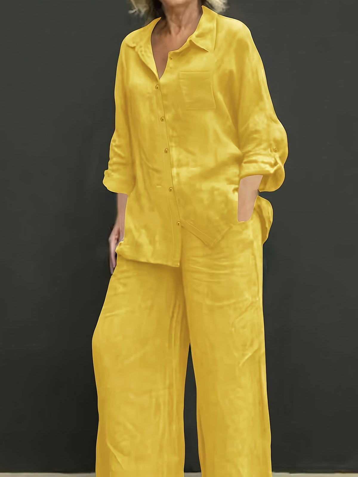 Women's Button Down Shirt and Wide-Leg Pants Set Collar Long Sleeve Slim Fit Casual Outfit
