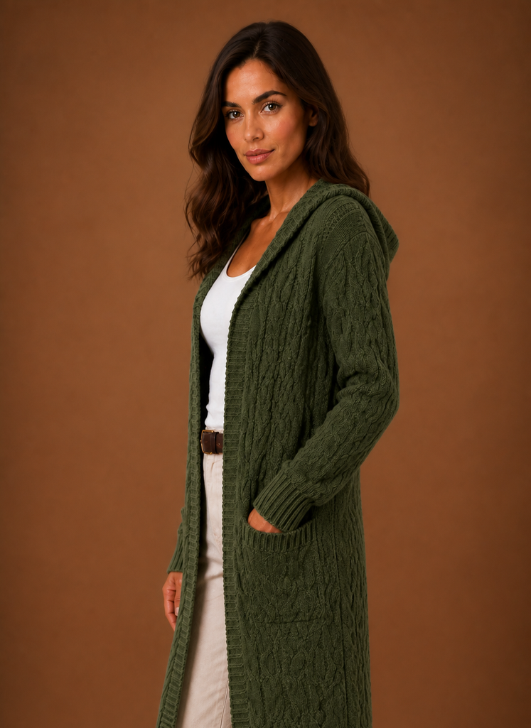 Women's Cable Knit Cardigan Hooded Long Sleeve Open Front Green Sweater
