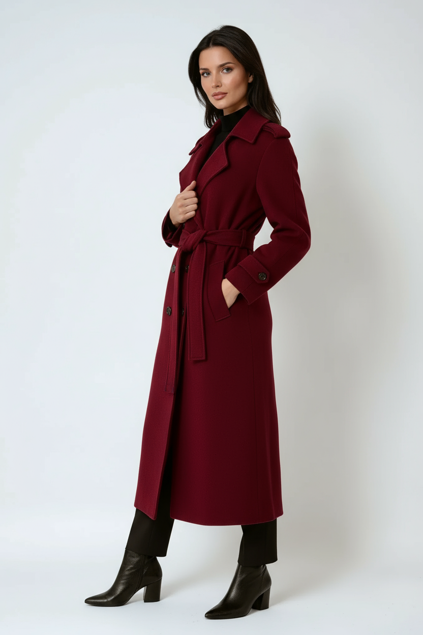 Women's Wool Trench Coat Long Double Breasted Belted Winter Outerwear