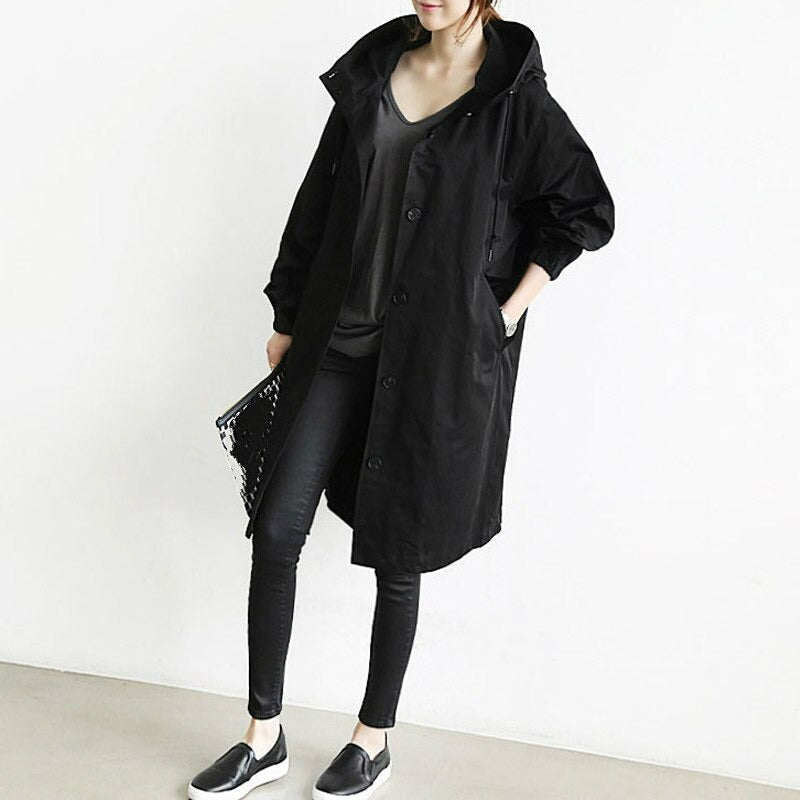 Women's Hooded Trench Coat Snap Button Adjustable Cuffs Casual Mid-Length Outerwear