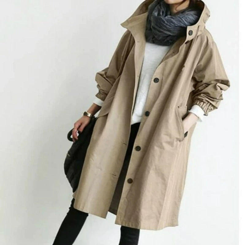 Women's Hooded Trench Coat Snap Button Adjustable Cuffs Casual Mid-Length Outerwear
