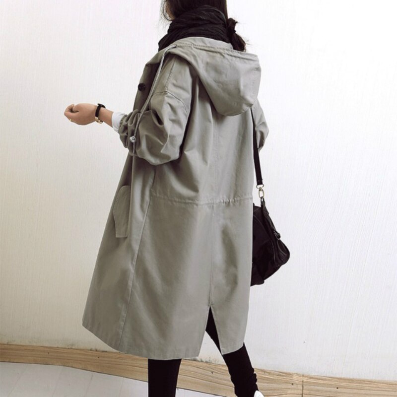 Women's Hooded Trench Coat Snap Button Adjustable Cuffs Casual Mid-Length Outerwear
