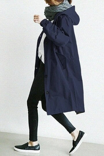 Women's Hooded Trench Coat Snap Button Adjustable Cuffs Casual Mid-Length Outerwear