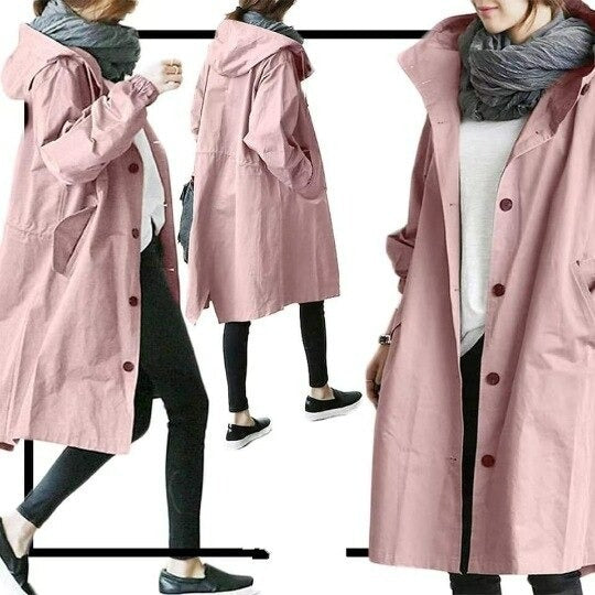 Women's Hooded Trench Coat Snap Button Adjustable Cuffs Casual Mid-Length Outerwear