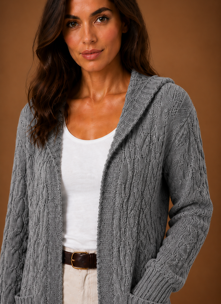 Women's Cable Knit Cardigan Hooded Long Sleeve Open Front Green Sweater