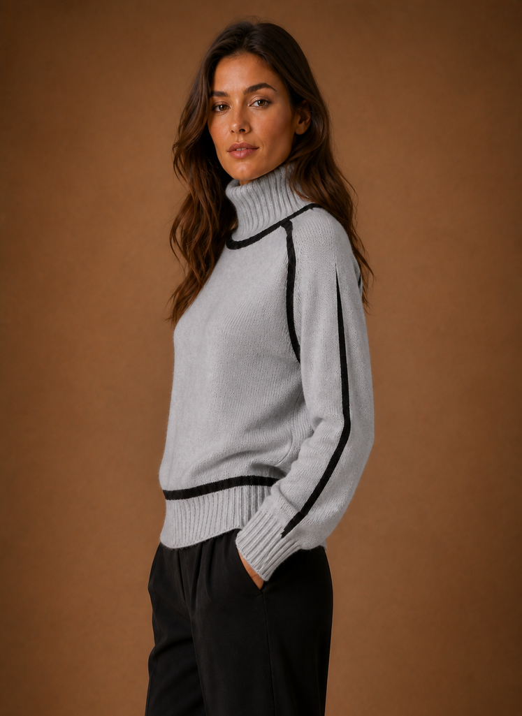 Women's Turtleneck Sweater Contrast Trim Long Sleeve Wool Blend Knit Winter Top