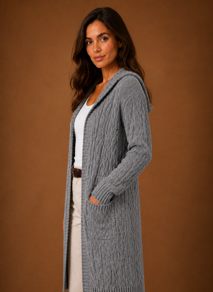 Women's Cable Knit Cardigan Hooded Long Sleeve Open Front Green Sweater