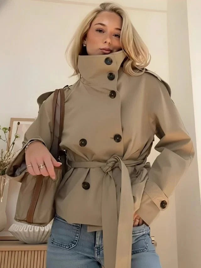 Women's Trench Jacket Belted High Neck Double Breasted Casual Short Coat