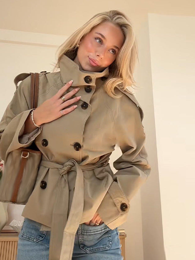 Women's Trench Jacket Belted High Neck Double Breasted Casual Short Coat