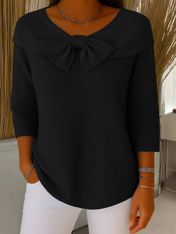 Women's Bow Neck Sweater 3/4 Sleeve Ribbed Knit Pullover Top Casual