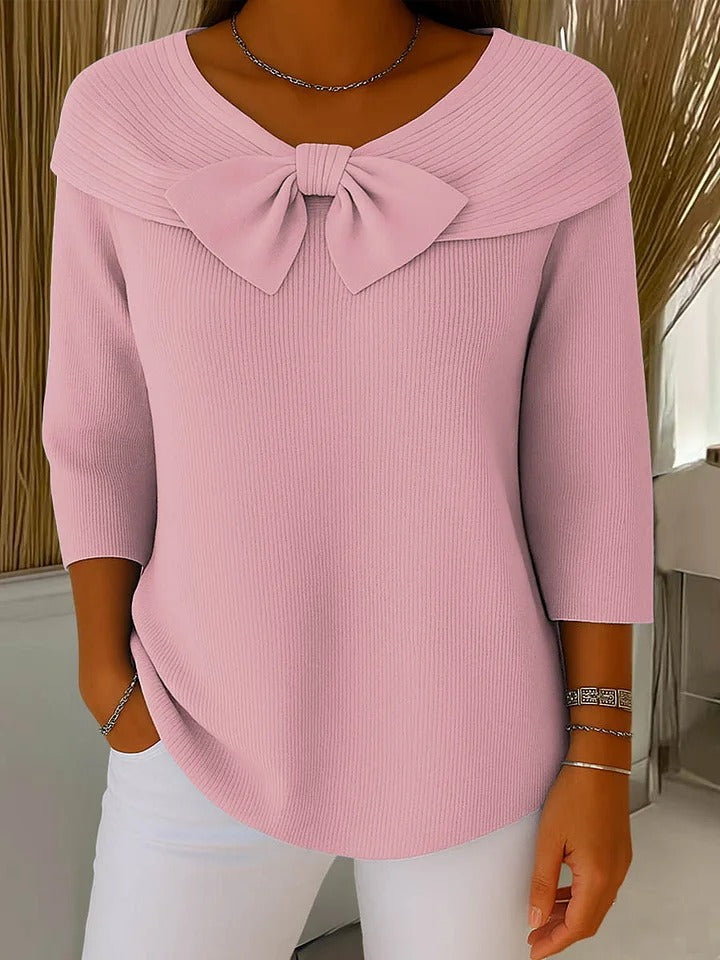 Women's Bow Neck Sweater 3/4 Sleeve Ribbed Knit Pullover Top Casual