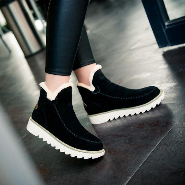 Women's Fur Lined Ankle Snow Boots Slip-On Chunky Platform Sole Winter