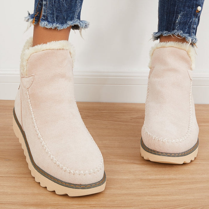 Women's Fur Lined Ankle Snow Boots Slip-On Chunky Platform Sole Winter