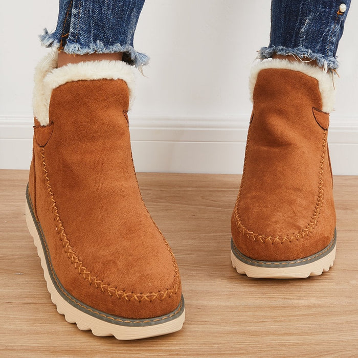 Women's Fur Lined Ankle Snow Boots Slip-On Chunky Platform Sole Winter