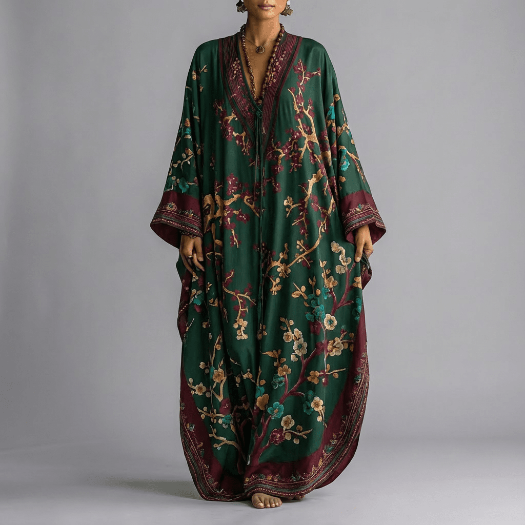 Women's Maxi Dress Japanese Plum Blossom Print Batwing Sleeve