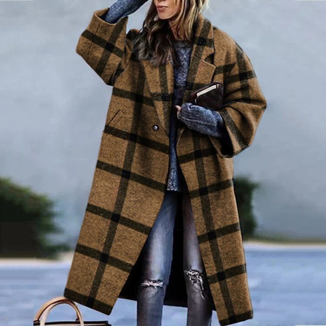 Women's Oversized Long Winter Coat Notch Lapel Multicolor Plaid