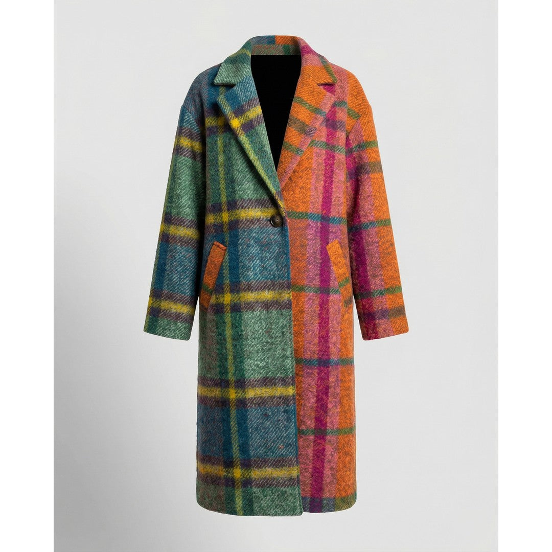 Women's Oversized Long Winter Coat Notch Lapel Multicolor Plaid