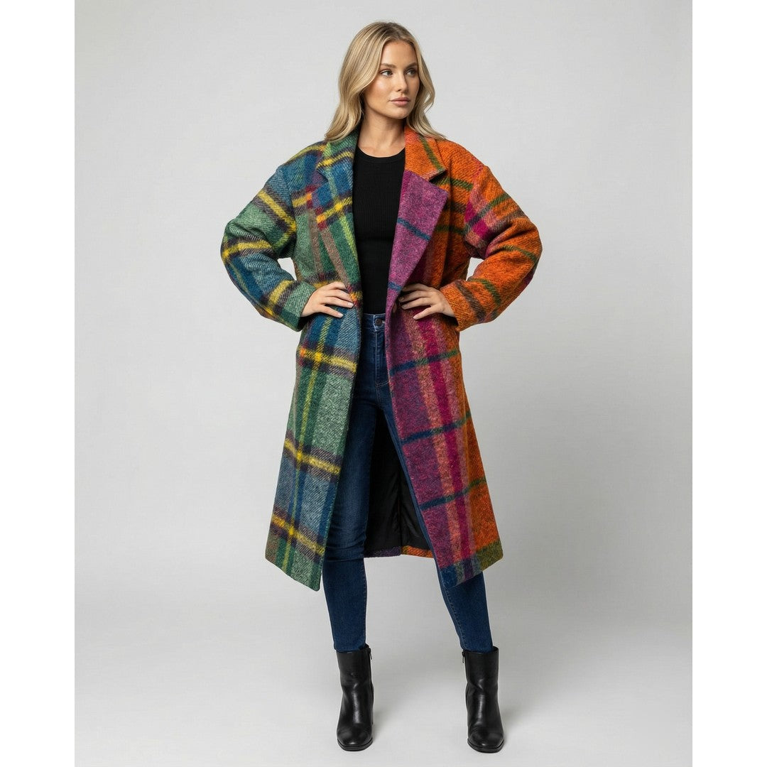 Women's Oversized Long Winter Coat Notch Lapel Multicolor Plaid