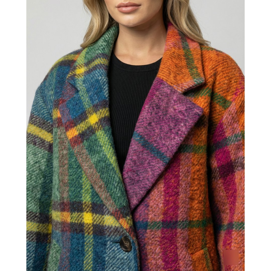 Women's Oversized Long Winter Coat Notch Lapel Multicolor Plaid