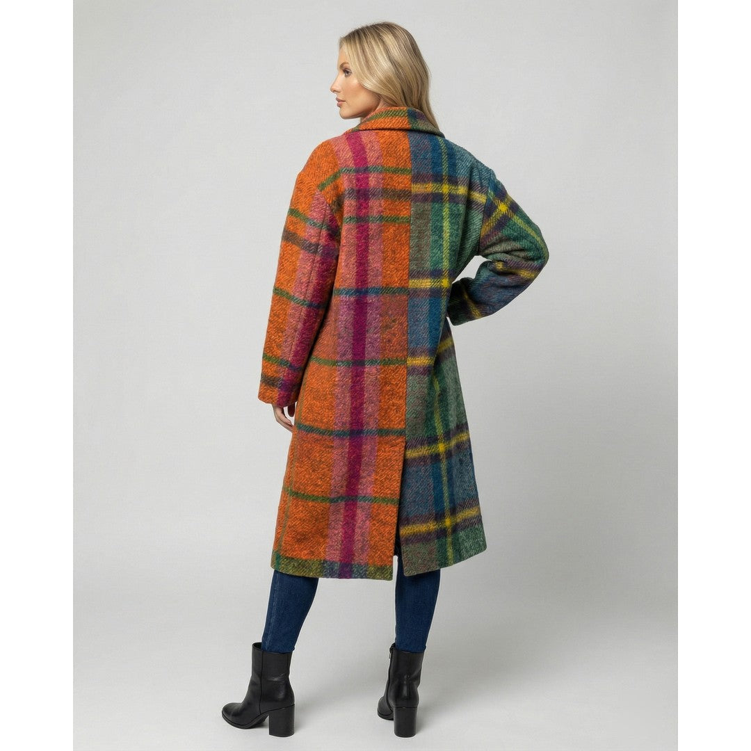 Women's Oversized Long Winter Coat Notch Lapel Multicolor Plaid