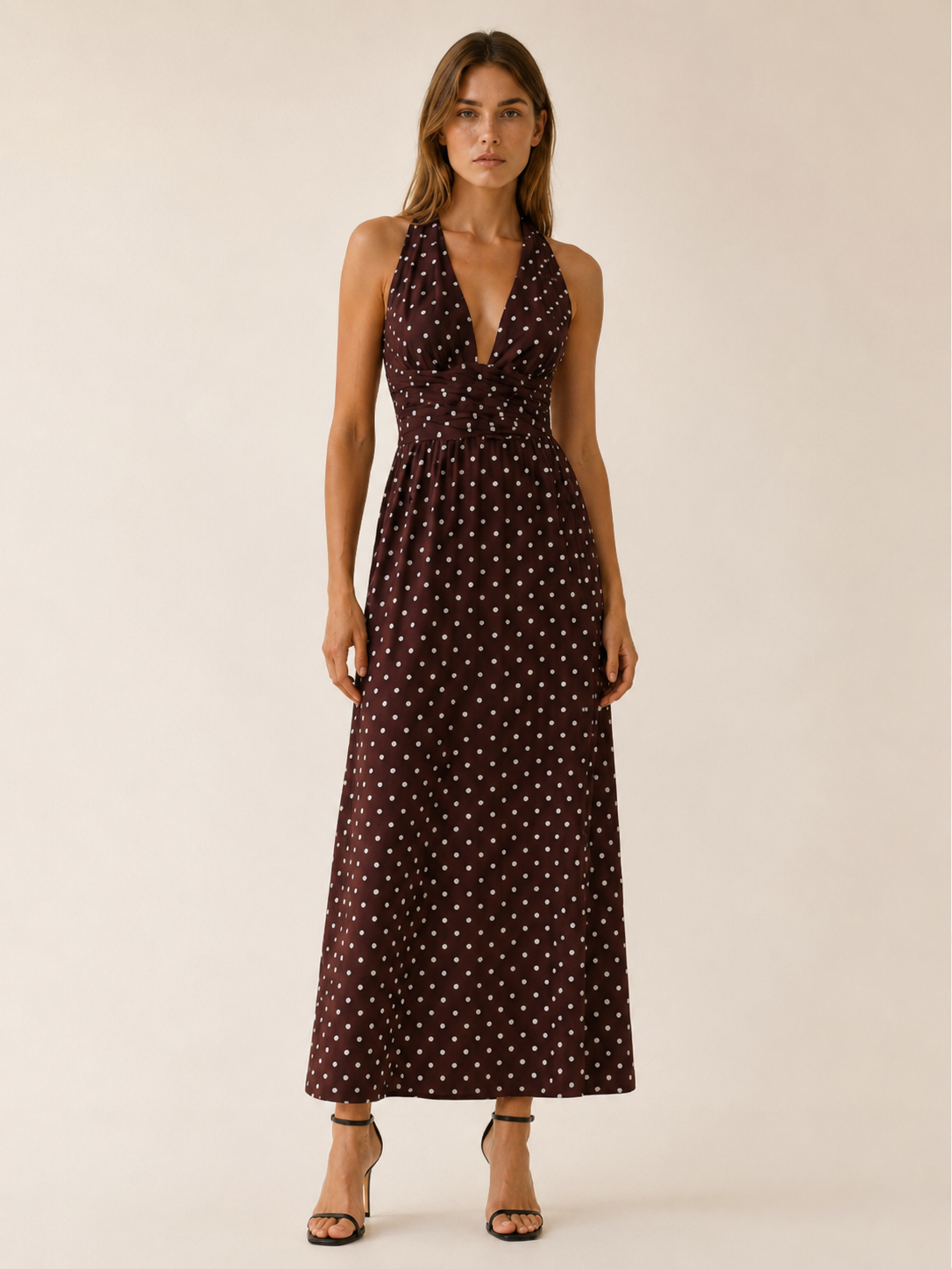 Women's Polka Dot Maxi Dress Halter Neck V-Neck Smocked Bodice Backless