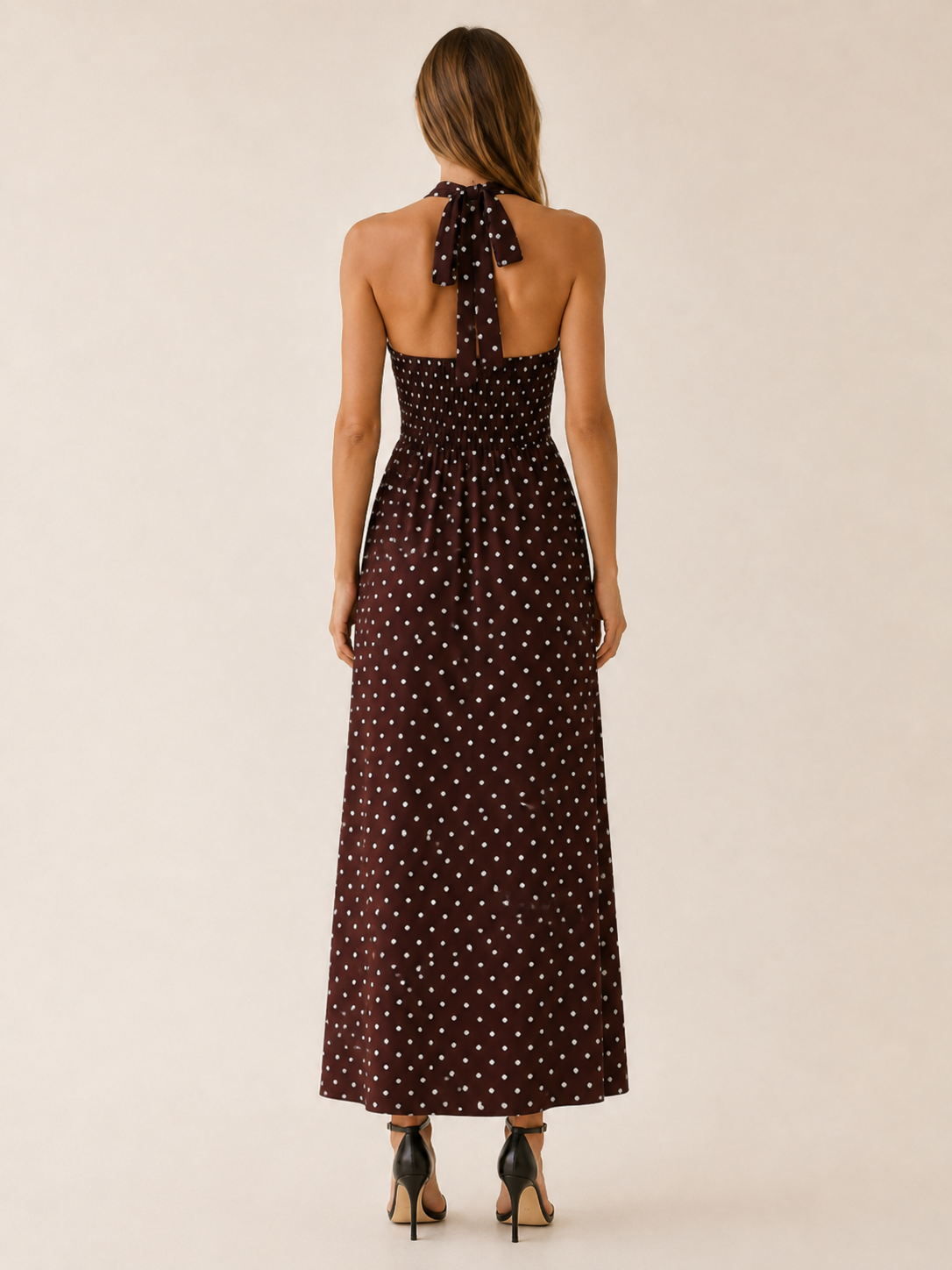 Women's Polka Dot Maxi Dress Halter Neck V-Neck Smocked Bodice Backless