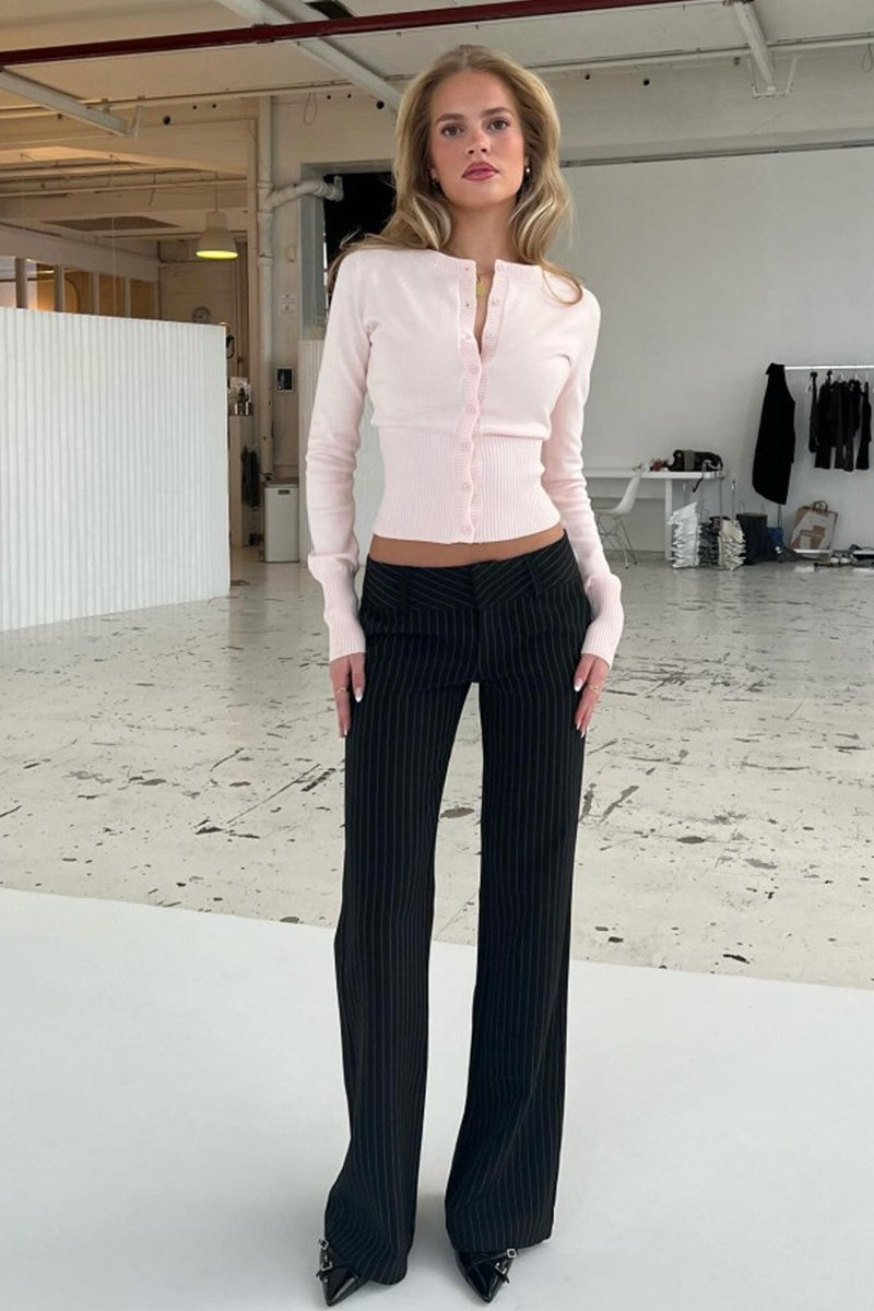 Women's Ribbed Button Cardigan Crew Neck Long Sleeve Cropped Knit Top